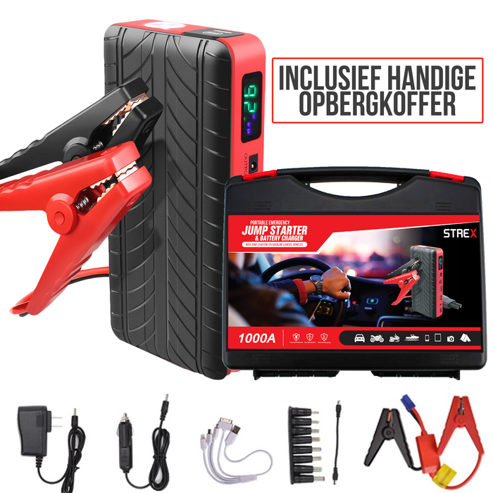 Strex 12V Jumpstarter voor Auto - 1000A / 18.000 mAh - 4-in-1 Starthulp met Powerbank, LED Zaklamp en SOS Noodlicht - In Opbergkoffer
