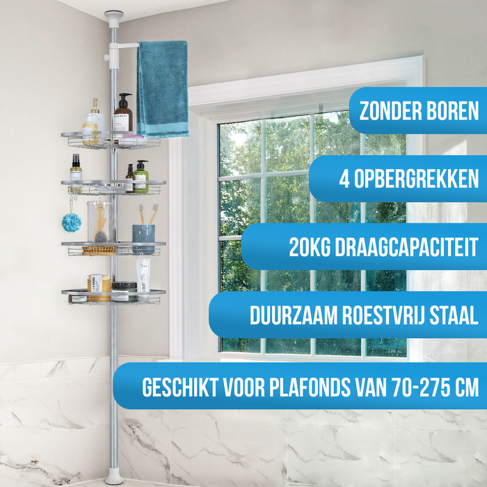 Strex Telescopisch Doucherek RVS - Verstelbaar 70-275 cm - 4 Mandjes - Robuuste Kwaliteit - Bevestigen zonder Boren of Schroeven - Telescopisch Douche Rek Hoek