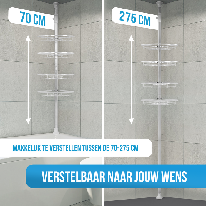 Strex Telescopisch Doucherek RVS - Verstelbaar 70-275 cm - 4 Mandjes - Robuuste Kwaliteit - Bevestigen zonder Boren of Schroeven - Telescopisch Douche Rek Hoek