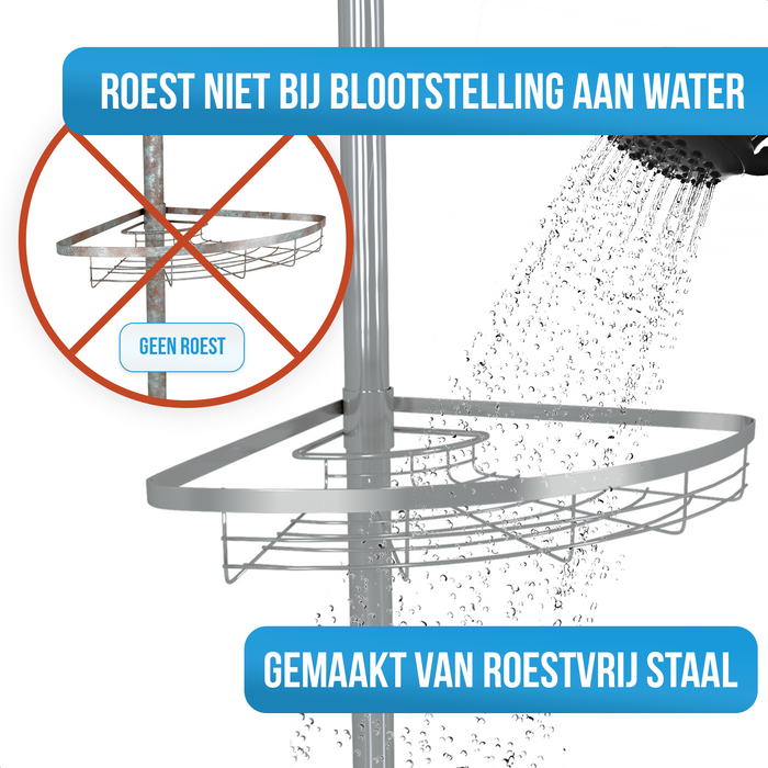 Strex Telescopisch Doucherek RVS - Verstelbaar 70-275 cm - 4 Mandjes - Robuuste Kwaliteit - Bevestigen zonder Boren of Schroeven - Telescopisch Douche Rek Hoek
