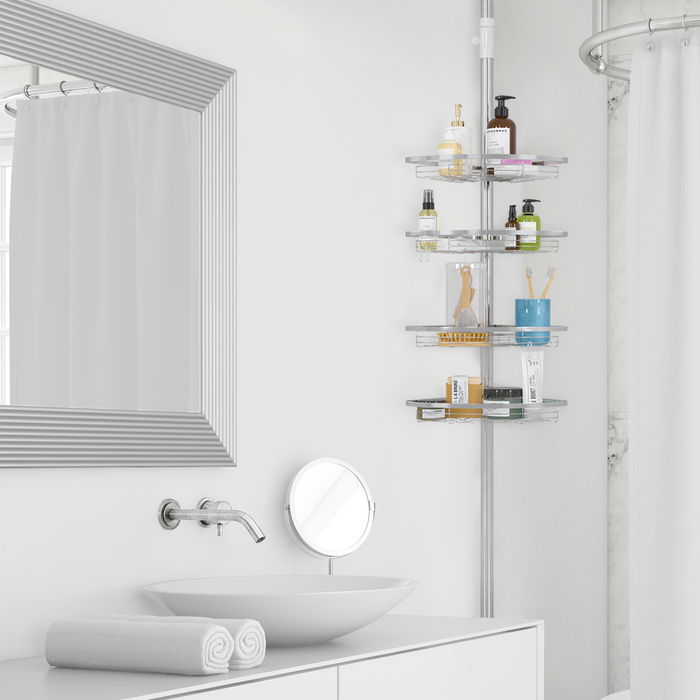 Strex Telescopisch Doucherek RVS - Verstelbaar 70-275 cm - 4 Mandjes - Robuuste Kwaliteit - Bevestigen zonder Boren of Schroeven - Telescopisch Douche Rek Hoek