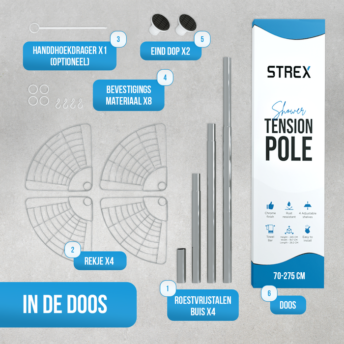 Strex Telescopisch Doucherek RVS - Verstelbaar 70-275 cm - 4 Mandjes - Robuuste Kwaliteit - Bevestigen zonder Boren of Schroeven - Telescopisch Douche Rek Hoek