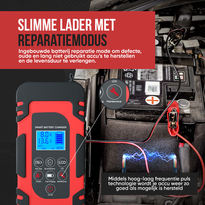 Strex Acculader - 12/24V 4/6/8A - Reparatiemodus - Druppellader - Accu Lader voor Auto / Motor / Scooter / Boot / Camper