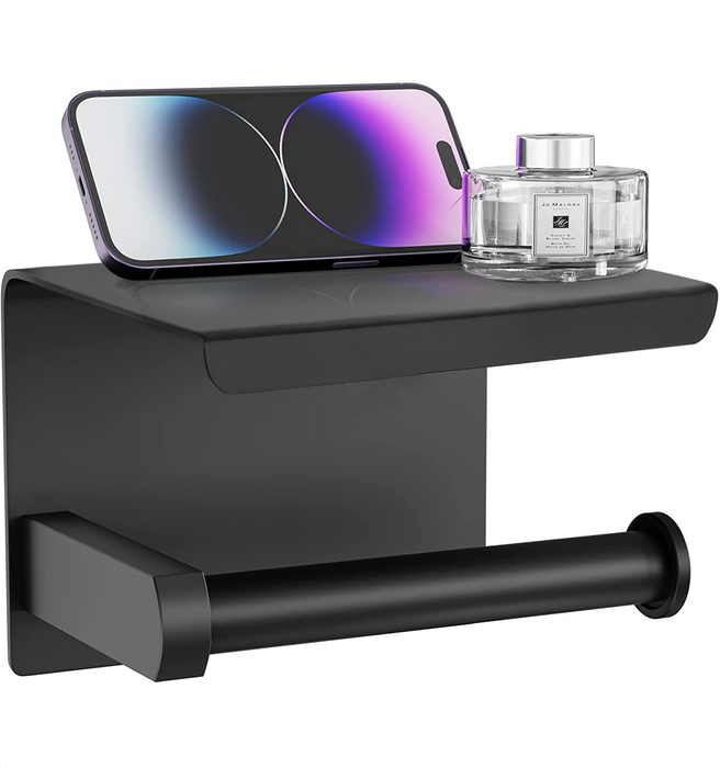 Strex WC Rolhouder met Plankje - Zwart - Zelfklevend / Boren / Zonder Boren - Toiletrolhouder - WC Papier Houder