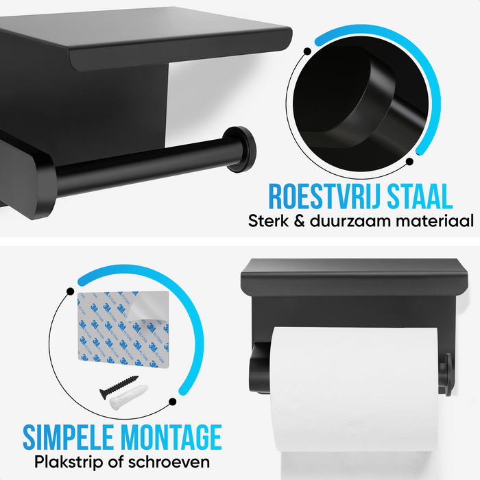 Strex WC Rolhouder met Plankje - Zwart - Zelfklevend / Boren / Zonder Boren - Toiletrolhouder - WC Papier Houder