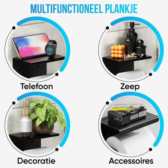 Strex WC Rolhouder met Plankje - Zwart - Zelfklevend / Boren / Zonder Boren - Toiletrolhouder - WC Papier Houder