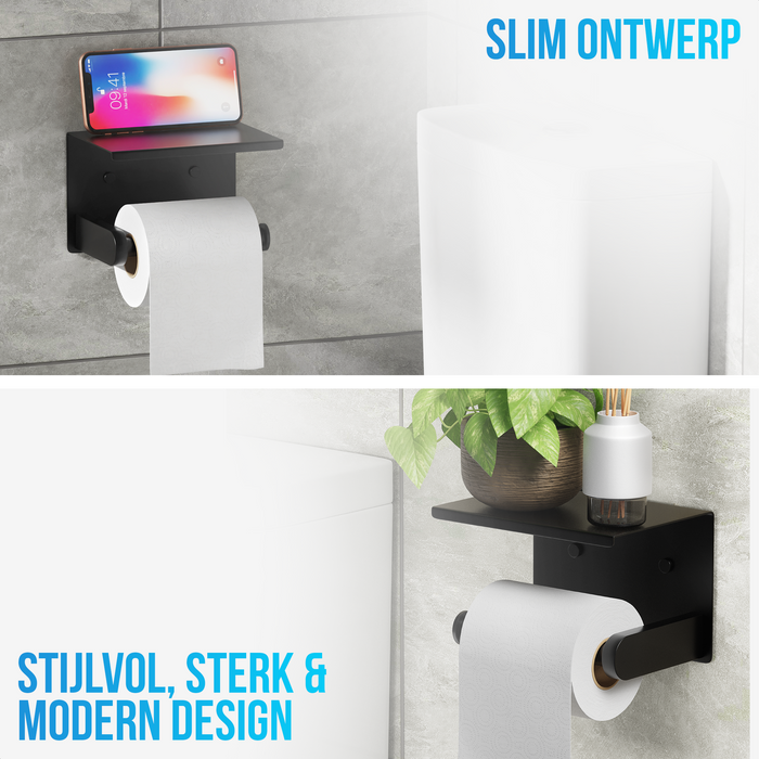 Strex WC Rolhouder met Plankje - Zwart - Zelfklevend / Boren / Zonder Boren - Toiletrolhouder - WC Papier Houder