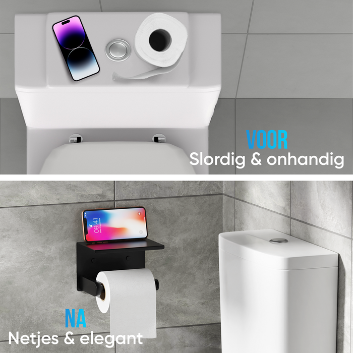Strex WC Rolhouder met Plankje - Zwart - Zelfklevend / Boren / Zonder Boren - Toiletrolhouder - WC Papier Houder