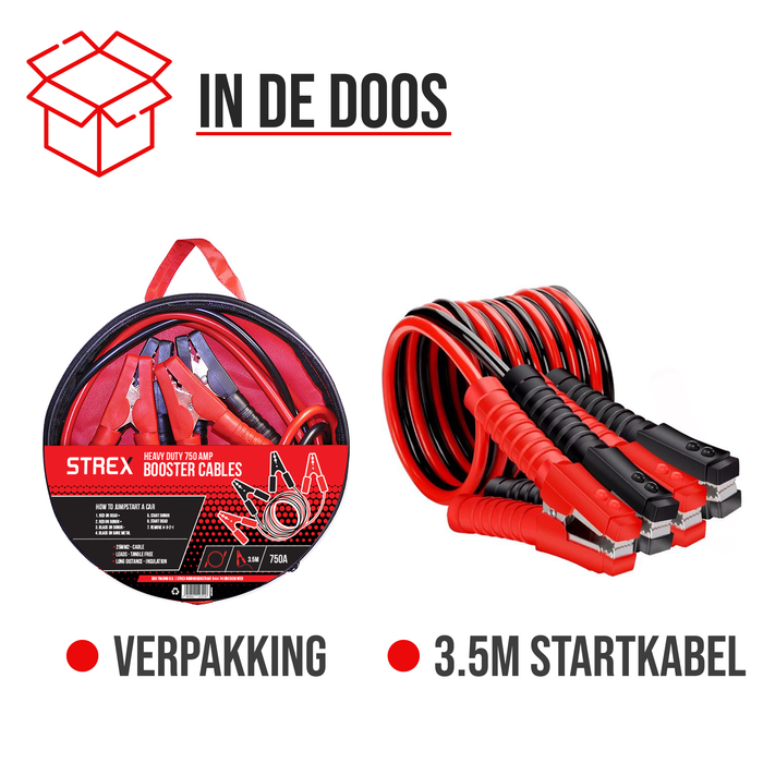 Strex Startkabels 25 mm2 - 3.5M - 750A - Extra Robuust - Auto / Bus / Vrachtwagen / Boot - Incl. Opbergtas