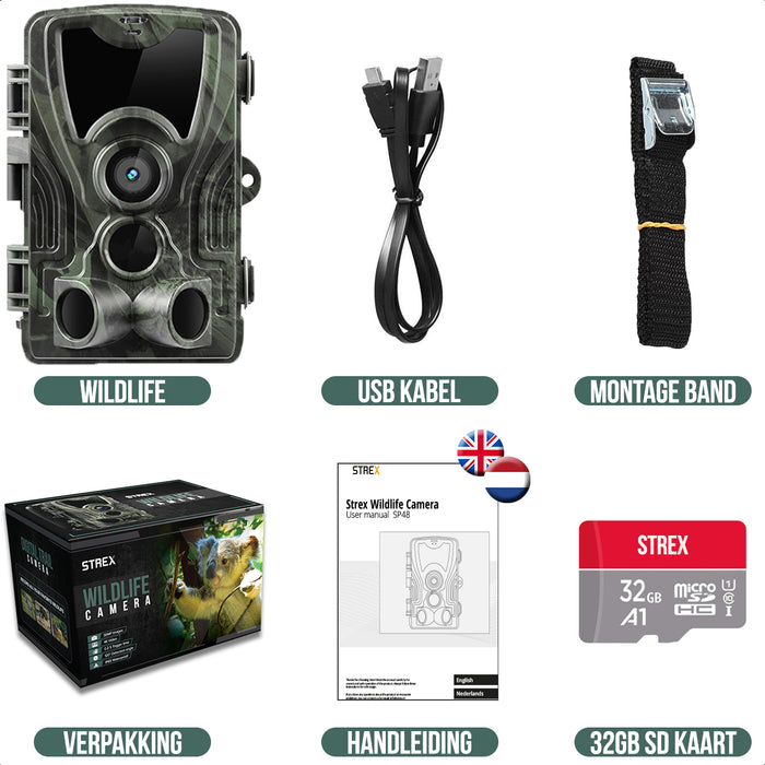 Strex Wildcamera met WiFi en Nachtzicht - 120MP 4K ULTRA HD - Waterdicht - Incl. 32 GB SD - Wild Camera