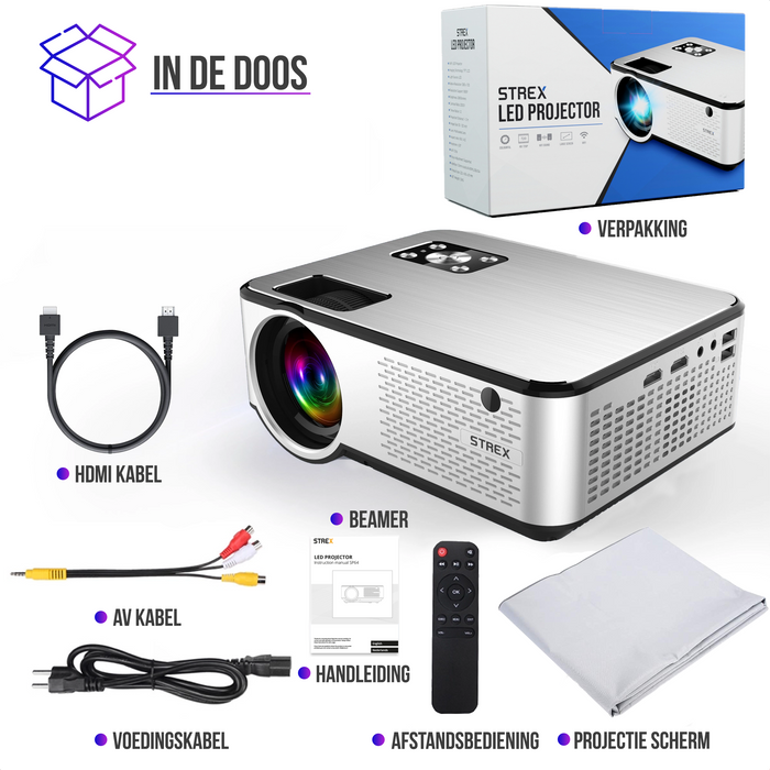 Strex Beamer - Full HD 1920x1080P - 7000 Lumen - Streamen Vanaf Je Telefoon Met WiFi - Mini Projector - Incl. 100" Projectiescherm