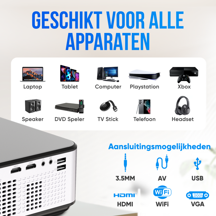 Strex Beamer - Full HD 1920x1080P - 7000 Lumen - Streamen Vanaf Je Telefoon Met WiFi - Mini Projector - Incl. 100" Projectiescherm