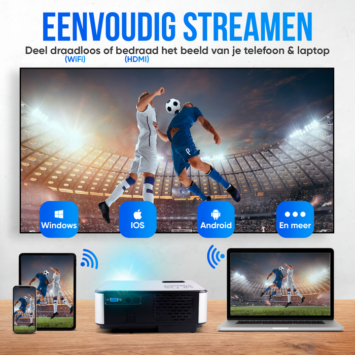 Strex Beamer - Full HD 1920x1080P - 7000 Lumen - Streamen Vanaf Je Telefoon Met WiFi - Mini Projector - Incl. 100" Projectiescherm