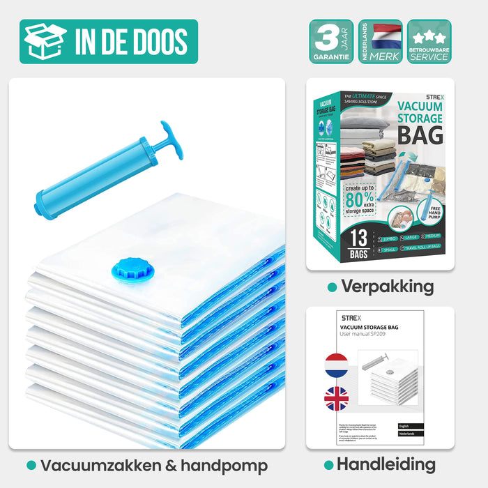 Strex Vacuumzakken Dekbedden & Kleding - 14 Stuks / 4 Maten - Reiszakken / Vacumeerzakken - Incl. Handpomp