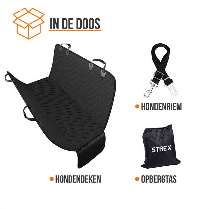 Strex Hondendeken Auto Achterbank en Kofferbak - 137 x 147 CM - Beschermhoes - Hondenkleed - Honden Deken Auto Achterbank - Incl. Hondenriem En Opbergzak - ZWART