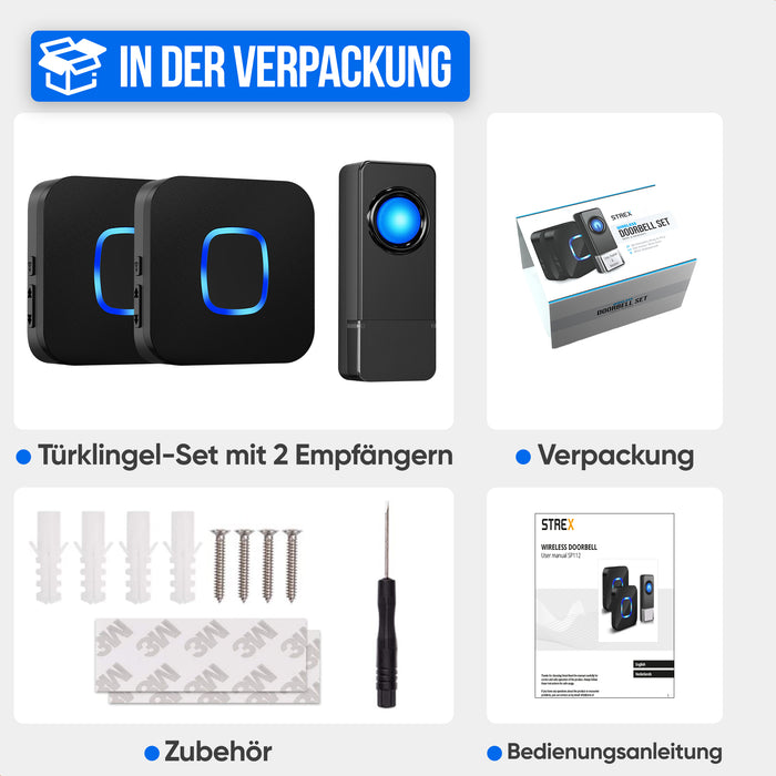 Strex Draadloze Deurbel met 2 Ontvangers Op Batterij - Plug & Play - 300 Meter - 4 Volume / 58 Melodieën - IP55 Waterdicht