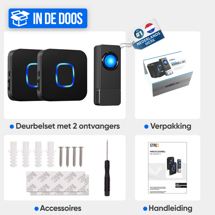 Strex Draadloze Deurbel met 2 Ontvangers Op Batterij - Plug & Play - 300 Meter - 4 Volume / 58 Melodieën - IP55 Waterdicht