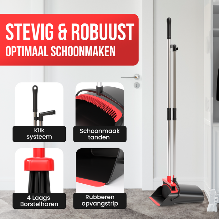 Kunststof stoffer en blik met lange steel rood