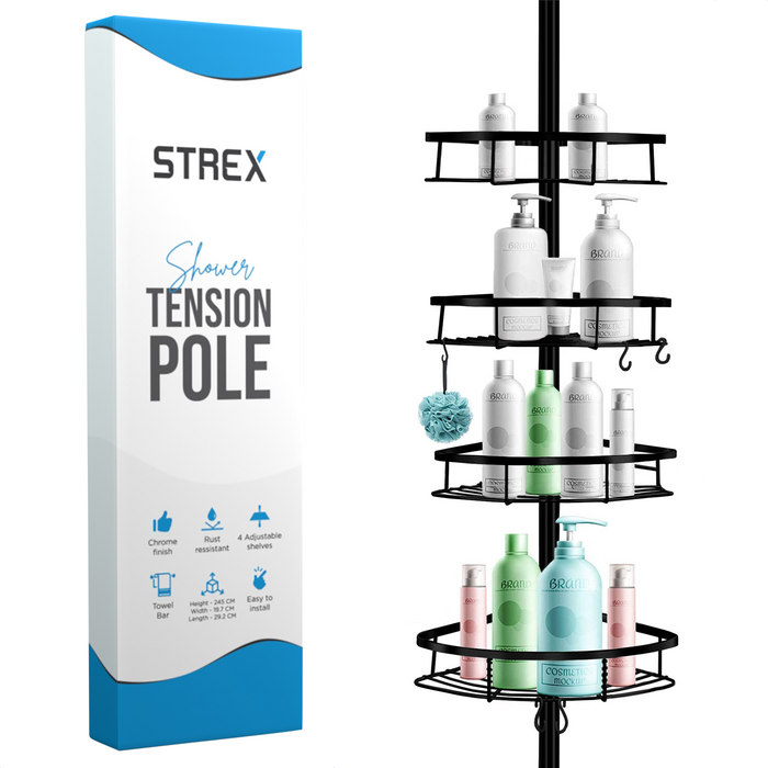 Strex Telescopisch Doucherek Zwart - Verstelbaar 70-275 cm - 4 Mandjes - Robuuste Kwaliteit - Bevestigen zonder Boren of Schroeven - Telescopisch Douche Rek Hoek