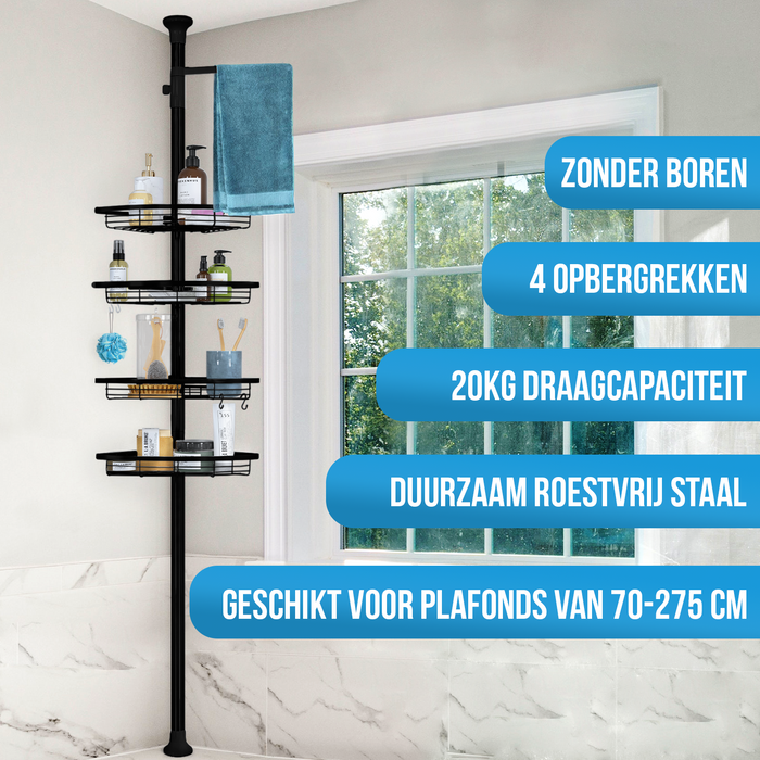 Strex Telescopisch Doucherek Zwart - Verstelbaar 70-275 cm - 4 Mandjes - Robuuste Kwaliteit - Bevestigen zonder Boren of Schroeven - Telescopisch Douche Rek Hoek