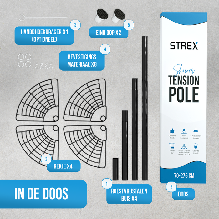 Strex Telescopisch Doucherek Zwart - Verstelbaar 70-275 cm - 4 Mandjes - Robuuste Kwaliteit - Bevestigen zonder Boren of Schroeven - Telescopisch Douche Rek Hoek
