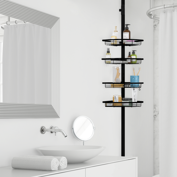 Strex Telescopisch Doucherek Zwart - Verstelbaar 70-275 cm - 4 Mandjes - Robuuste Kwaliteit - Bevestigen zonder Boren of Schroeven - Telescopisch Douche Rek Hoek