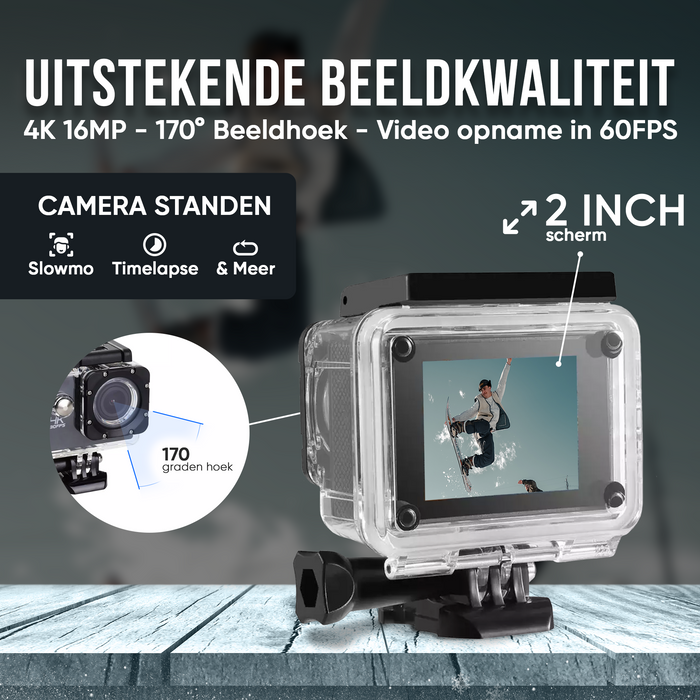 Strex Action Camera 4K 16MP - 60FPS / 30M Waterdicht / WiFi - Inclusief Accessoires - Actiecamera - Onderwatercamera