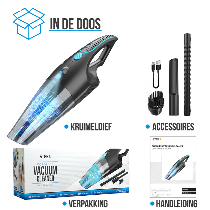 Strex Kruimeldief - Snoerloos - Kruimelzuiger Nat & Droog - 3 Opzetstukken - 14000PA - HEPA Filter - LED Verlichting - Extra Krachtig - Handstofzuiger