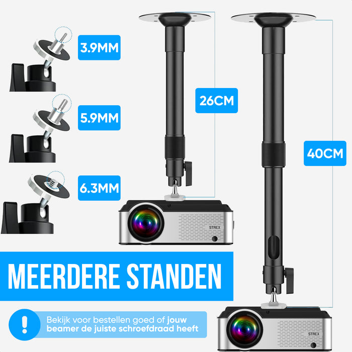 Strex Beamer Statief - Beamer beugel - Plafondbeugel voor Beamer - Verstelbaar - 26/40 CM - 5KG Draagkracht