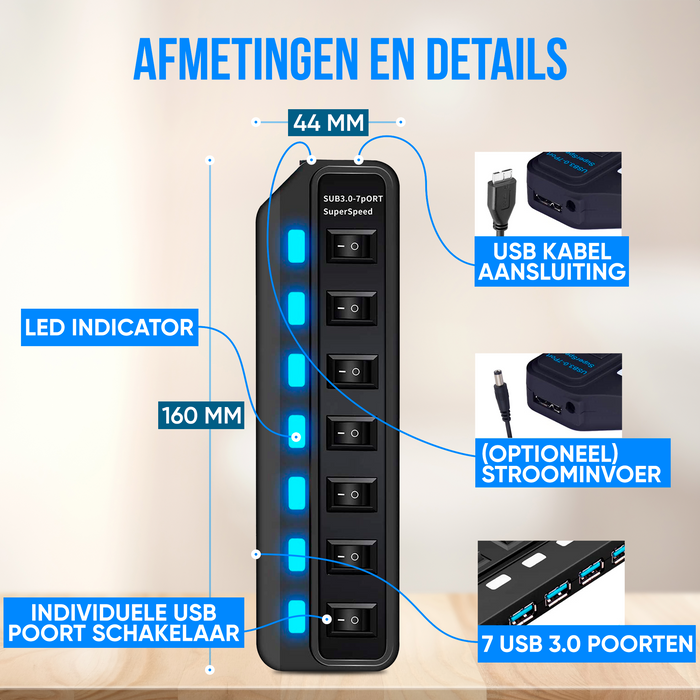Strex USB 3.0 Hub - USB Splitter - 7 Poorten - 5Gbps - LED Indicatie - Aan/Uit Switch - 100CM Kabel