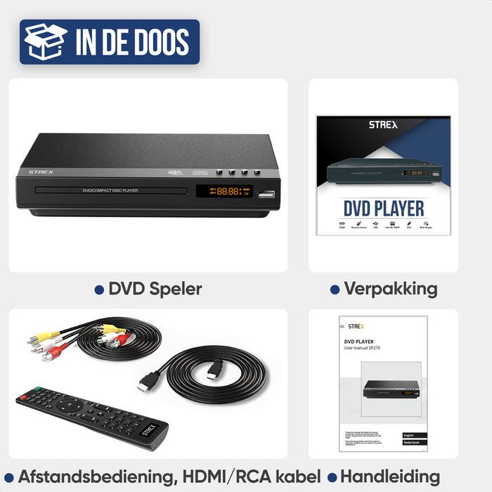Strex DVD Speler Met HDMI - Full HD 1080P - Afstandsbediening - USB - HDMI/RCA - Regio Vrij - Zwart