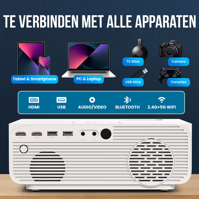 Strex Beamer - 1080P Full HD - 15000 Lumen - Draadloos Streamen - WiFi - Bluetooth - Mini Beamer - Projector