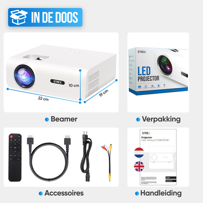 Strex Beamer - 1080P Full HD - 15000 Lumen - Draadloos Streamen - WiFi - Bluetooth - Mini Beamer - Projector