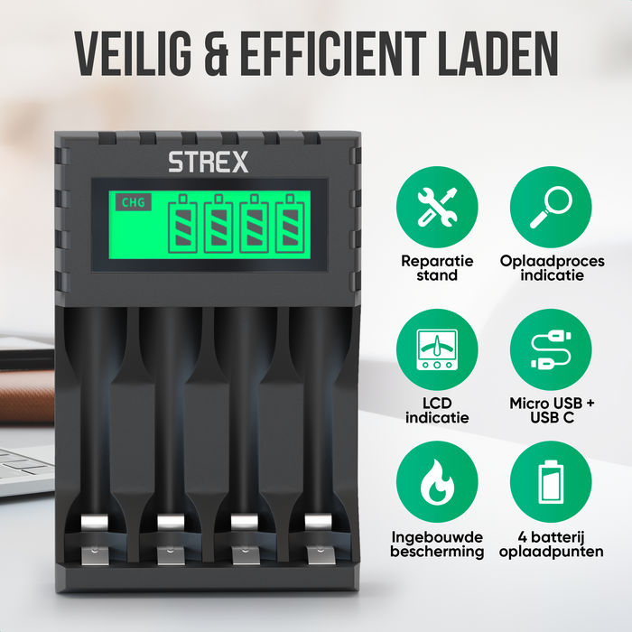 Strex Batterij Oplader - AA/AAA Batterijen - USB Oplaadbaar - LCD Display - Universele Batterijlader Voor Oplaadbare Batterijen