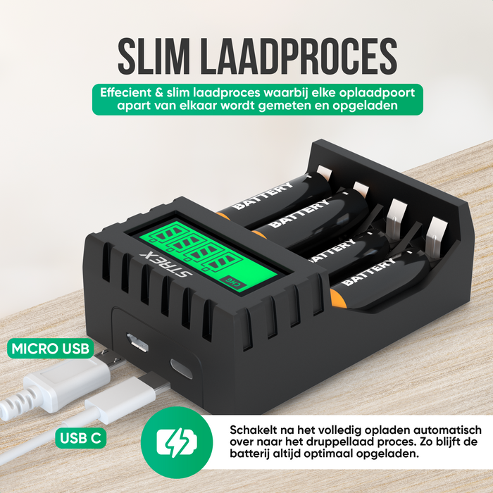 Strex Batterij Oplader - AA/AAA Batterijen - USB Oplaadbaar - LCD Display - Universele Batterijlader Voor Oplaadbare Batterijen