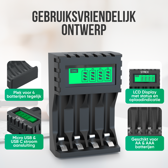 Strex Batterij Oplader - AA/AAA Batterijen - USB Oplaadbaar - LCD Display - Universele Batterijlader Voor Oplaadbare Batterijen