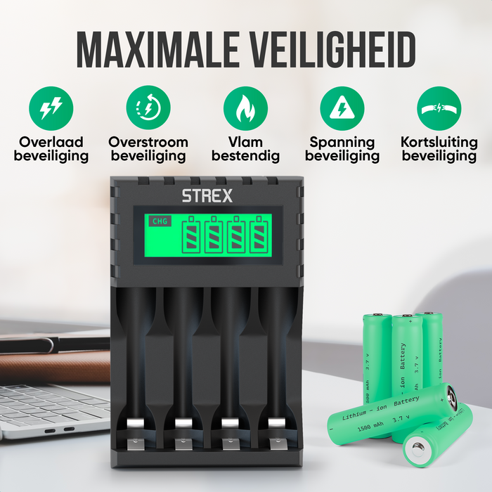 Strex Batterij Oplader - AA/AAA Batterijen - USB Oplaadbaar - LCD Display - Universele Batterijlader Voor Oplaadbare Batterijen