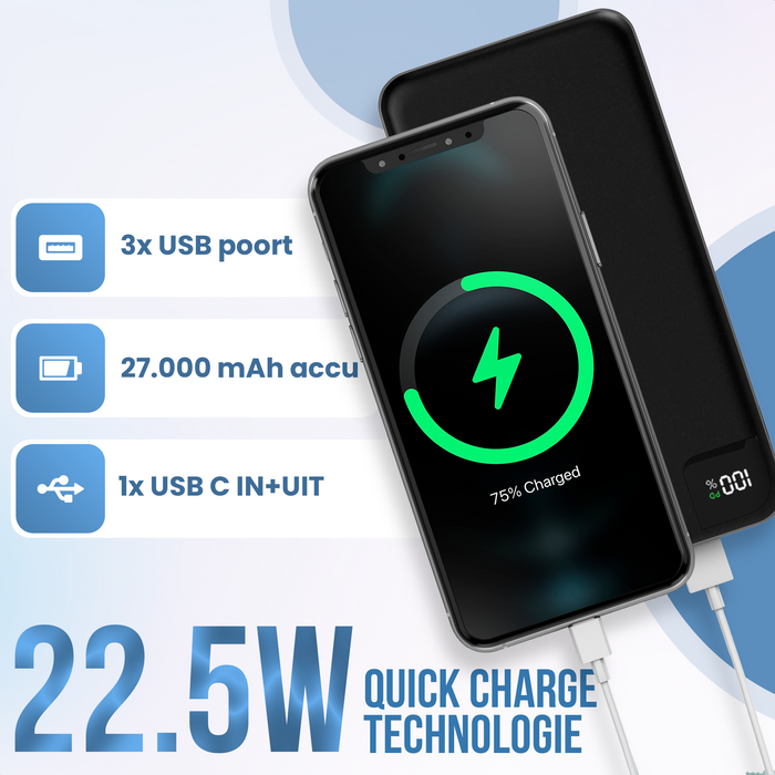 Strex Powerbank - 27.000 mAh - 22.5W Snellader - USB-A/USB-C - LED Indicatie - Universele Powerbank voor o.a. iPhone/Samsung