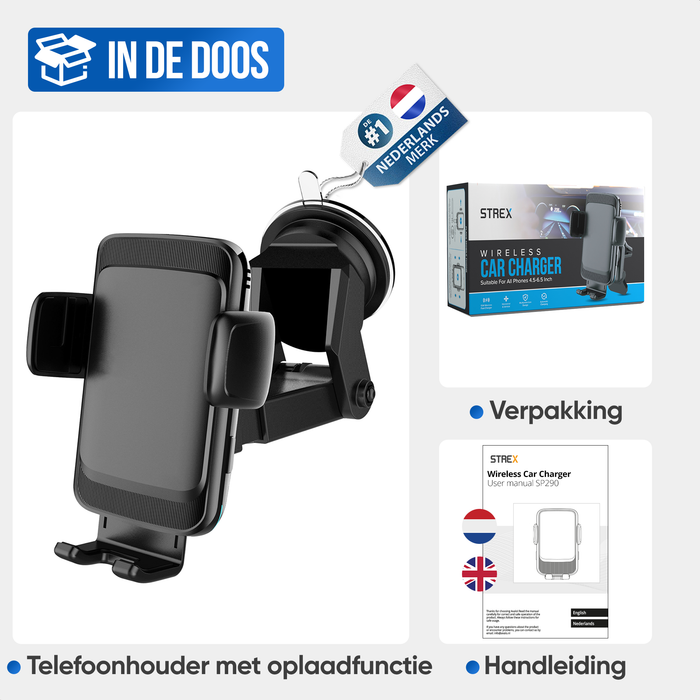 Strex Telefoonhouders Auto met Qi Draadloze Oplader 15W (Fast Charge) - Raam / Ventilatierooster / Dashboard - Automatisch Open & Dicht