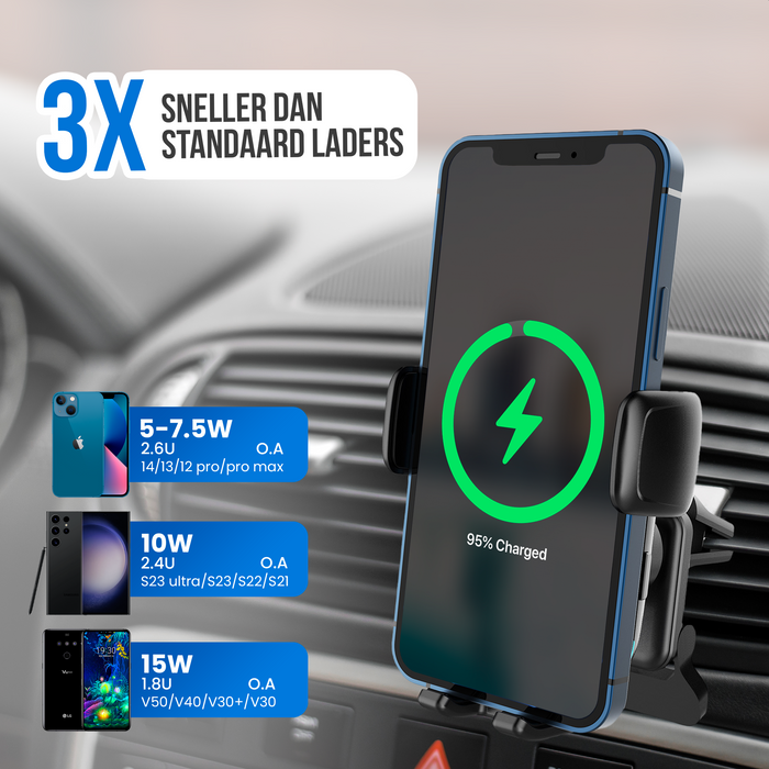 Strex Telefoonhouders Auto met Qi Draadloze Oplader 15W (Fast Charge) - Raam / Ventilatierooster / Dashboard - Automatisch Open & Dicht