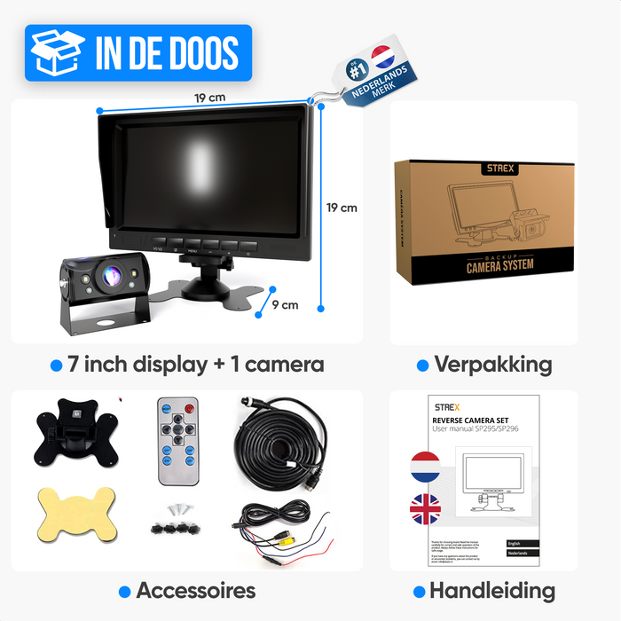 Strex Achteruitrijcamera Set Bedraad HD 1080P - 7" Scherm - 18LED Nachtzicht 15m - IP69 Waterdicht - Achteruitrij Camera