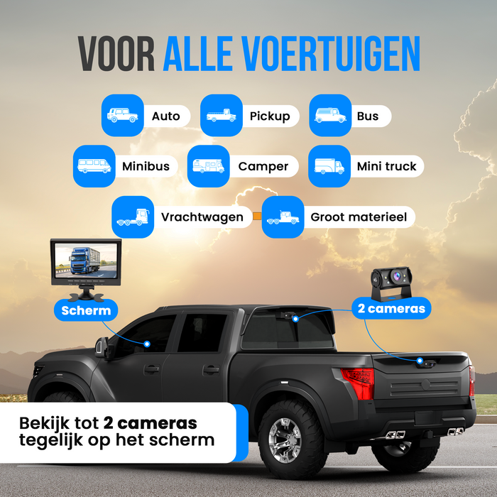 Strex Achteruitrijcamera Set Bedraad Met 2 Camera's (tegelijk bekijken) - HD 1080P - 7" Scherm - 18LED Nachtzicht 15m - IP69 Waterdicht - Achteruitrij Camera