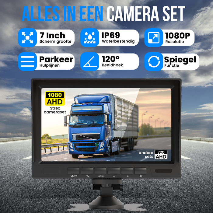 Strex Achteruitrijcamera Set Bedraad Met 2 Camera's (tegelijk bekijken) - HD 1080P - 7" Scherm - 18LED Nachtzicht 15m - IP69 Waterdicht - Achteruitrij Camera