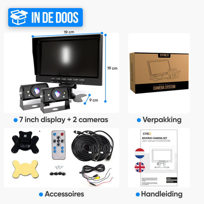 Strex Achteruitrijcamera Set Bedraad Met 2 Camera's (tegelijk bekijken) - HD 1080P - 7" Scherm - 18LED Nachtzicht 15m - IP69 Waterdicht - Achteruitrij Camera