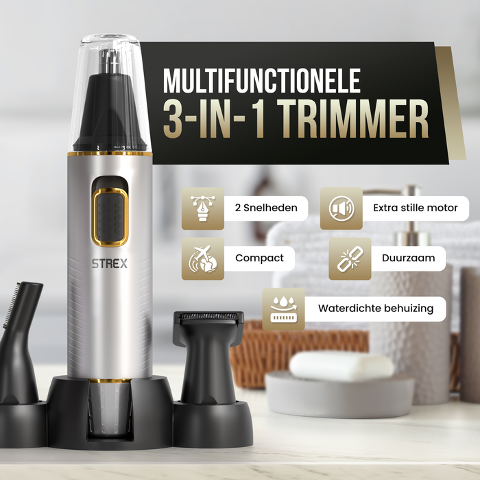 Strex 3 In 1 Neushaartrimmer Set - Oplaadbaar & Afspoelbaar - Neustrimmer / Oortrimmer / Wenkbrauwtrimmer / Baardtrimmer - Mannen & Vrouwen