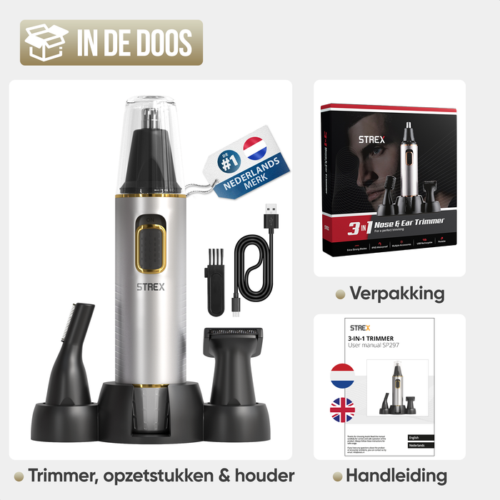 Strex 3 In 1 Neushaartrimmer Set - Oplaadbaar & Afspoelbaar - Neustrimmer / Oortrimmer / Wenkbrauwtrimmer / Baardtrimmer - Mannen & Vrouwen