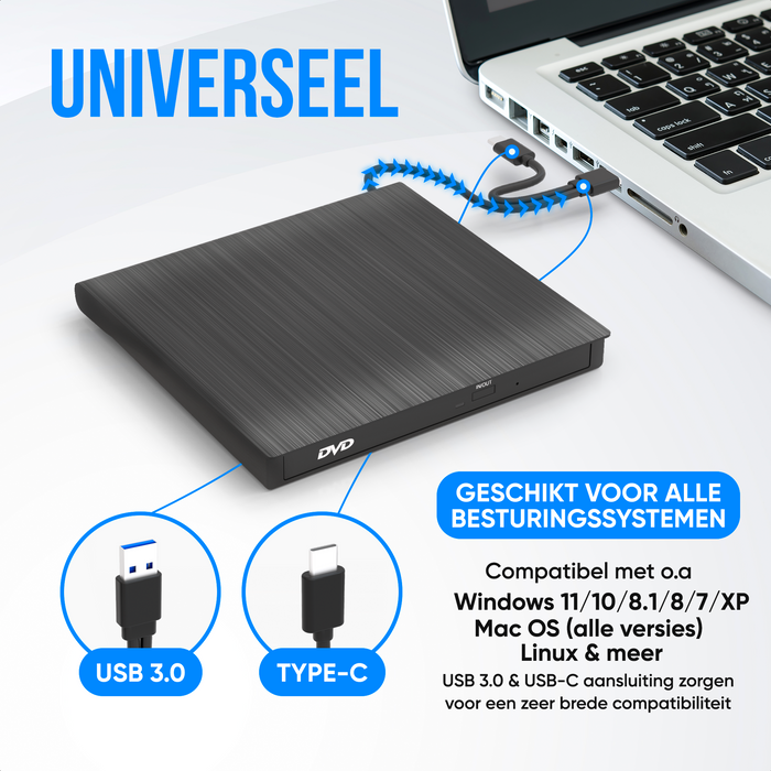 Strex Externe DVD Speler En Brander - Met Hoes - CD/DVD - Plug & Play - USB 3.0 DVD Speler - Geschikt voor Windows, Mac en Linux - Optical Drive
