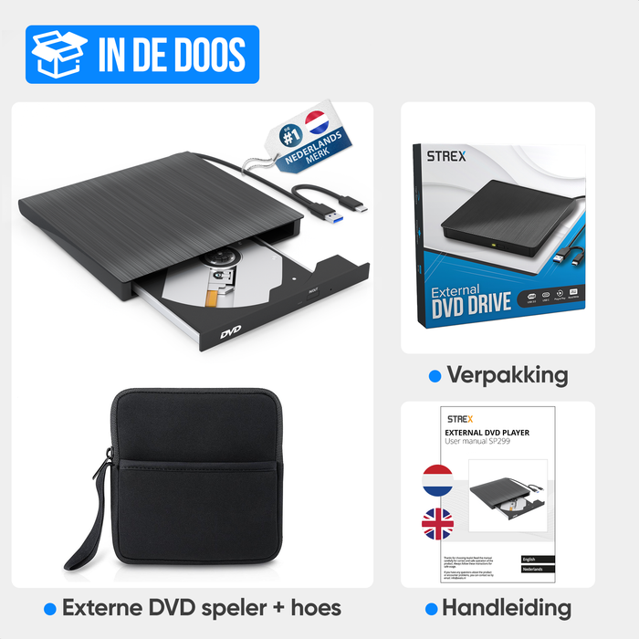 Strex Externe DVD Speler En Brander - Met Hoes - CD/DVD - Plug & Play - USB 3.0 DVD Speler - Geschikt voor Windows, Mac en Linux - Optical Drive