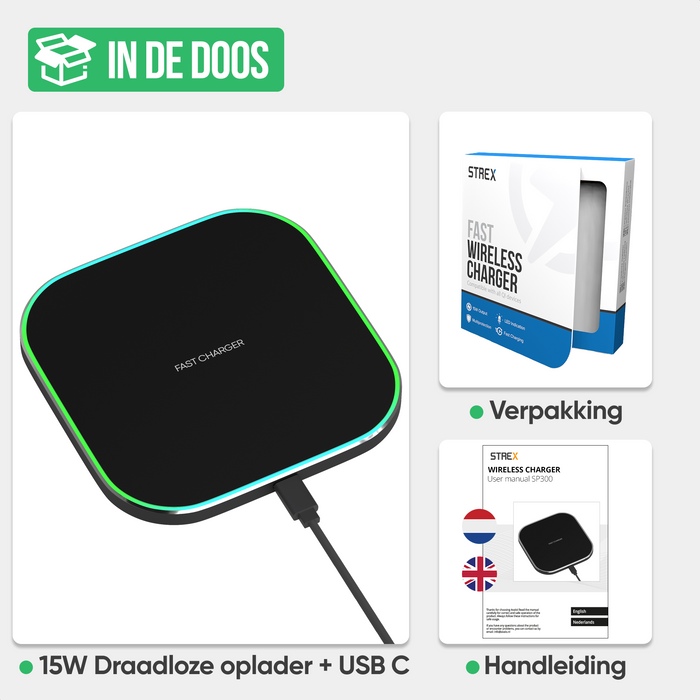 Strex Draadloze Oplader 15W - Inclusief Kabel - QI Snellader - Wireless Charger - Fast Charger - LED Indicatie - Zwart