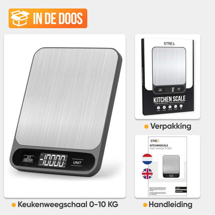 Strex Keukenweegschaal Digitaal - Weegschaal Keuken - 1 g tot 10 kg - Tarra Functie - Inclusief Batterijen - RVS/Zwart